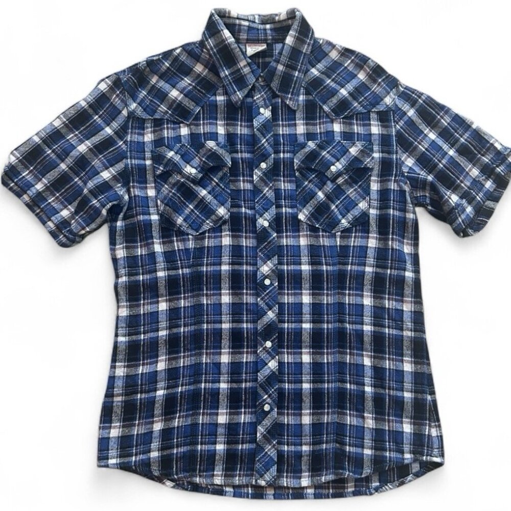 True Religion Western Shirt Mens XXXL Blue Plaid Short Sleeve Snap Button Cotton